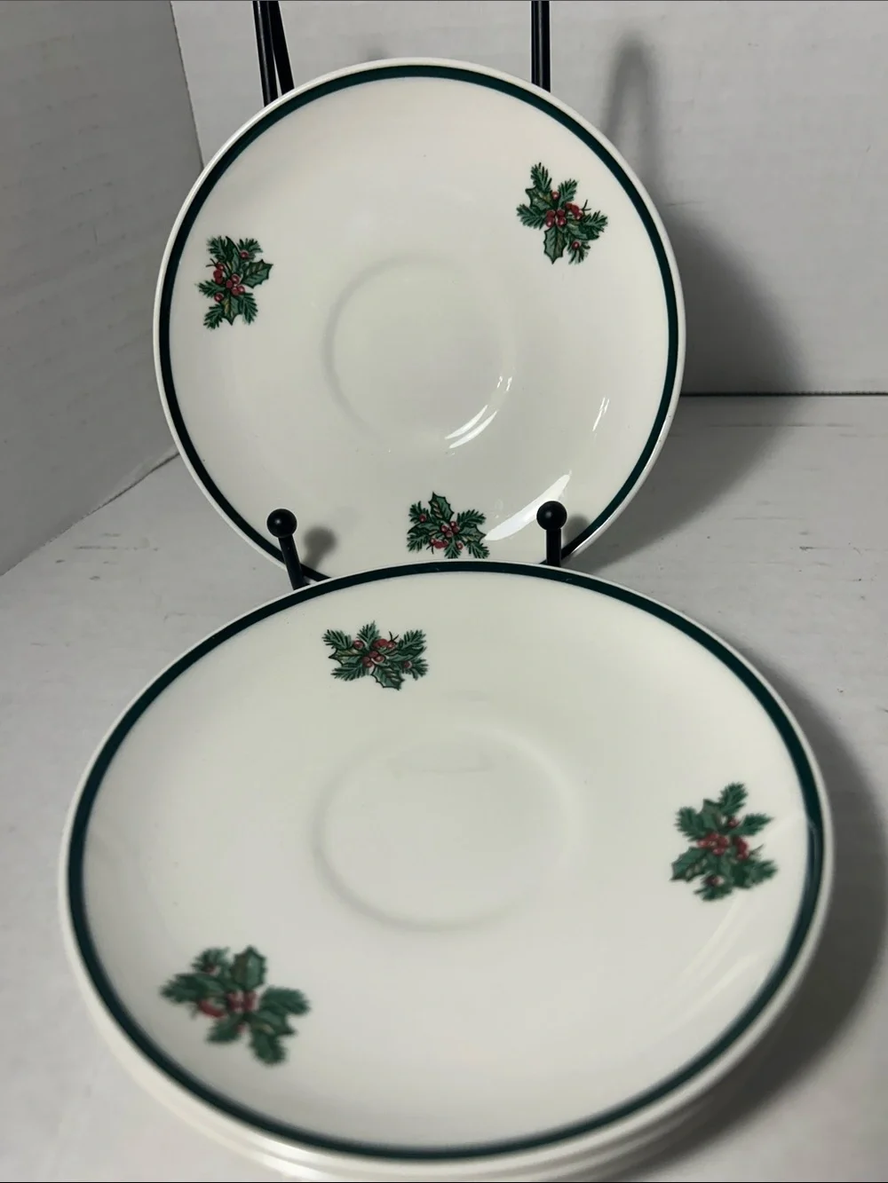 Holiday Holly Saucer Set - White with Green Trim Set of 4